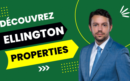 Graphique promotionnel représentant un homme professionnel en costume à droite, avec le texte « découvrez Ellington Properties » dans des styles de police dynamiques sur fond vert avec un design abstrait jaune et blanc