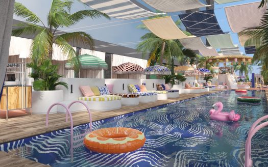 Un coin salon animé et animé au bord de la piscine dans une luxueuse villa de Dubaï, comprenant des transats élégants, des palmiers tropicaux, des stores en tissu et des jouets gonflables ludiques dans une piscine d'un bleu étincelant.