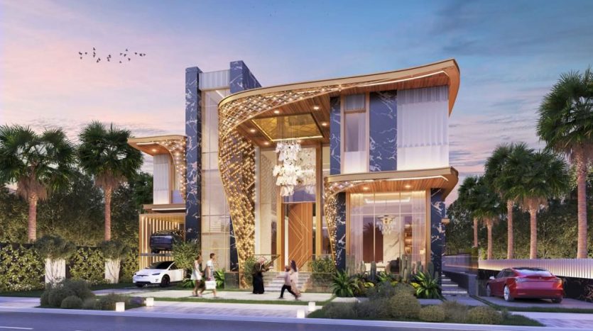 Rendu numérique d'un appartement moderne et luxueux à plusieurs étages à Dubaï au crépuscule, présentant une architecture incurvée, des façades en verre et des intérieurs éclairés. Entouré de palmiers avec des voitures et des piétons à l'extérieur.