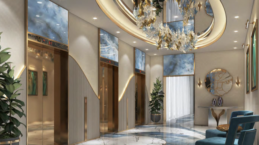 Intérieur du hall luxueux avec sols en marbre, accents dorés, lustres élégants et mobilier moderne. De grandes fenêtres apportent de la lumière naturelle, renforçant l&#039;atmosphère opulente typique des propriétés immobilières haut de gamme de Dubaï