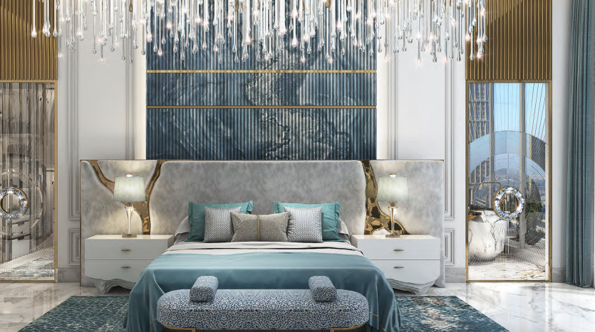 Une chambre luxueuse dans une villa de Dubaï avec un plafond orné de lustres en verre en cascade, un lit moelleux orné d&#039;une literie bleu sarcelle et une décoration élégante avec de grandes fenêtres.
