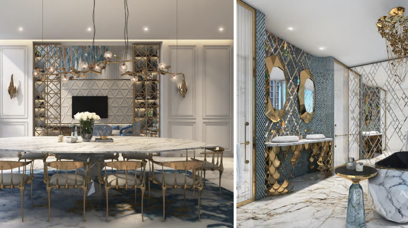 À gauche : salle à manger luxueuse dans une villa de Dubaï avec une grande table en marbre, des chaises aux accents dorés et des panneaux muraux décoratifs. À droite : une somptueuse salle de bains avec une baignoire en marbre, des luminaires dorés et