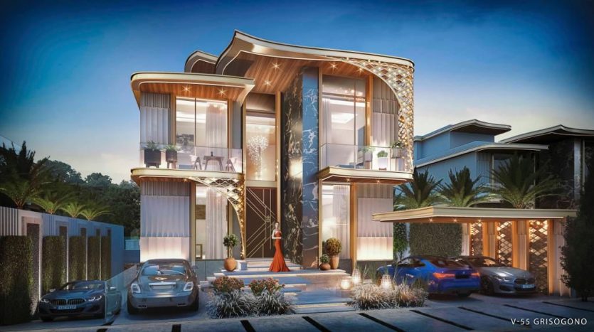 Une villa moderne et luxueuse à Dubaï avec une architecture curviligne unique ornée de panneaux de verre et de terrasses au crépuscule. Deux voitures haut de gamme sont garées devant, éclairées par la chaude lueur du