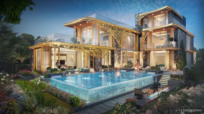 Une luxueuse villa moderne à Dubaï au crépuscule, dotée de grandes fenêtres en verre, d'intérieurs éclairés, d'un motif en treillis doré proéminent et d'une piscine bleue accueillante entourée de jardins luxuriants.