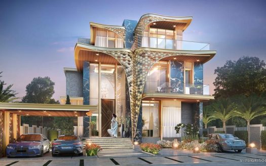 Villa de luxe moderne à Dubaï avec un design incurvé unique, avec de grandes fenêtres en verre, deux balcons et une façade décorée. Deux voitures sont garées devant, renforçant l&#039;ambiance haut de gamme au crépuscule.