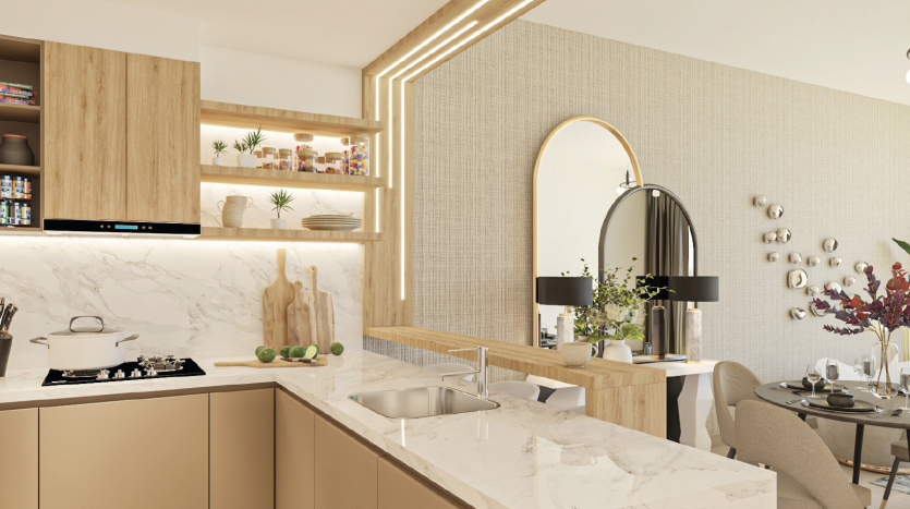 Une cuisine d&#039;appartement moderne à Dubaï avec des comptoirs en marbre, des armoires en bois et des appareils électroménagers intégrés. Un coin repas avec une table ronde et des couverts élégants est visible en arrière-plan.