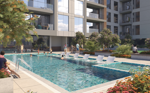 Une scène animée au bord de la piscine extérieure d'un immeuble résidentiel, avec des gens qui nagent et se prélassent. La piscine, qui fait partie d'une luxueuse villa à Dubaï, est entourée de plantes luxuriantes et d'une architecture moderne.