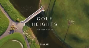 Vue aérienne d'un parcours de golf bien entretenu traversé par une route et un canal d'eau, avec le texte « golf heights, Emirates Living » et le logo « Emaar », idéal pour investir