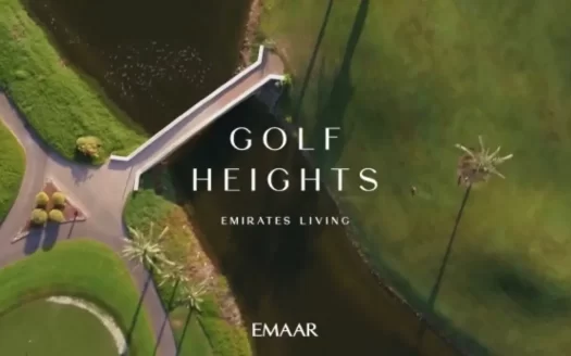 Vue aérienne d'un parcours de golf bien entretenu traversé par une route et un canal d'eau, avec le texte « golf heights, Emirates Living » et le logo « Emaar », idéal pour investir