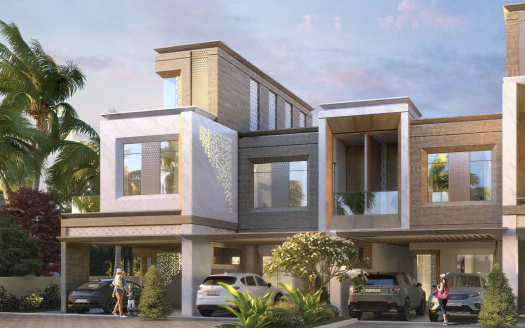 Villa moderne de deux étages à Dubaï avec un toit plat, avec une façade en béton et en pierre, de grandes fenêtres et des voitures garées devant. Deux personnes à l'extérieur se livrant à des activités.