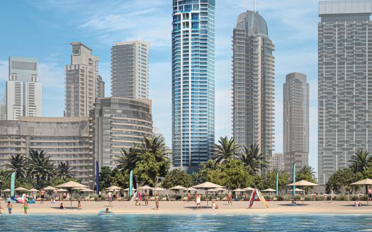 Une scène de plage animée à Dubaï avec des gens profitant du soleil, du sable et de l'eau, sur fond d'immeubles modernes de grande hauteur sous un ciel bleu clair.