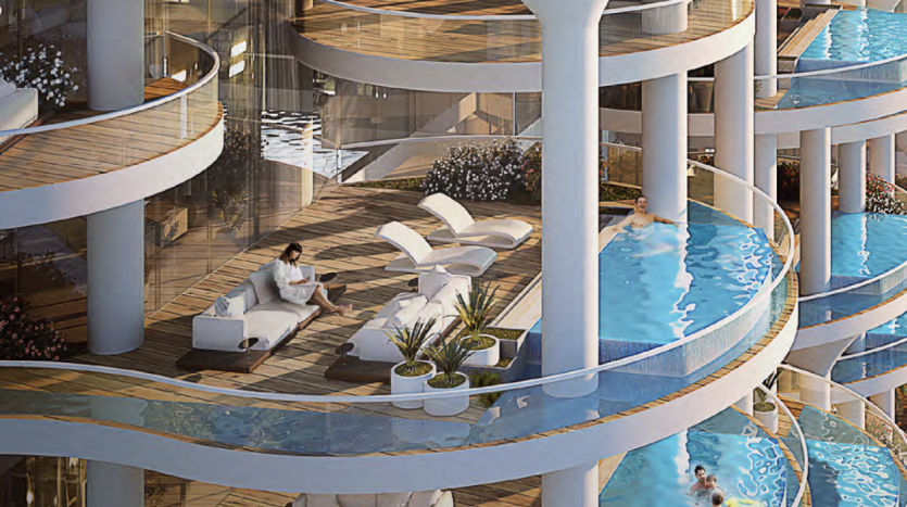 Un rendu architectural d&#039;un appartement spa moderne sur plusieurs niveaux à Dubaï avec des balcons sinueux, chacun doté d&#039;une petite piscine. Les gens se détendent sur des chaises longues et dans les piscines, profitant du cadre serein et luxueux