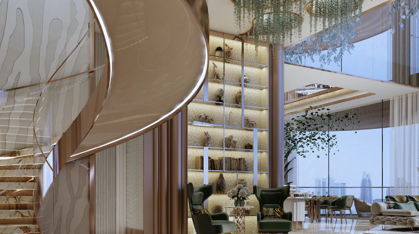 Hall d&#039;entrée luxueux avec un escalier en colimaçon, des lustres élégants et une bibliothèque bien garnie. Le design moderne présente des courbes radicales, des sols en marbre et des chaises vertes moelleuses caractéristiques du haut de gamme.