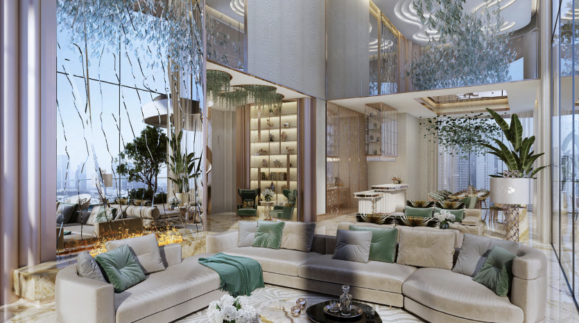 Salon moderne et luxueux dans une villa de Dubaï avec un grand canapé sectionnel beige, des murs en verre et une décoration élégante avec des jardins suspendus et un éclairage chic.