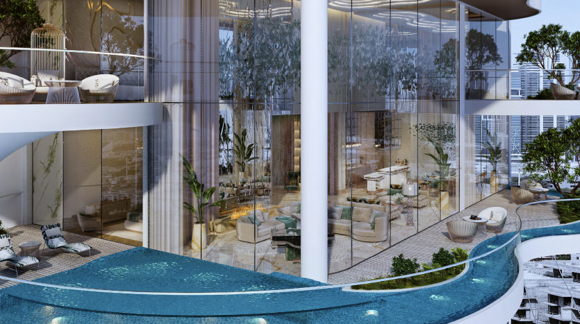 Intérieur luxueux d&#039;un penthouse à plusieurs niveaux à Dubaï avec de grandes fenêtres incurvées offrant une vue sur la ville, un mobilier moderne, des plantes d&#039;intérieur et une piscine intégrée sur la terrasse.