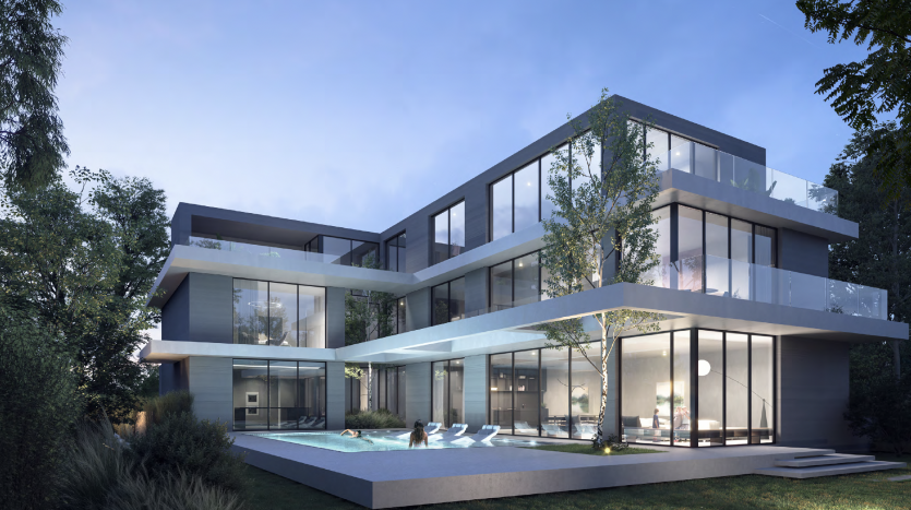 Maison de verre moderne à deux étages avec plusieurs balcons, entourée d&#039;arbres luxuriants, dotée d&#039;un grand patio et d&#039;une piscine, éclairée le soir, idéale pour investir à Dubaï.