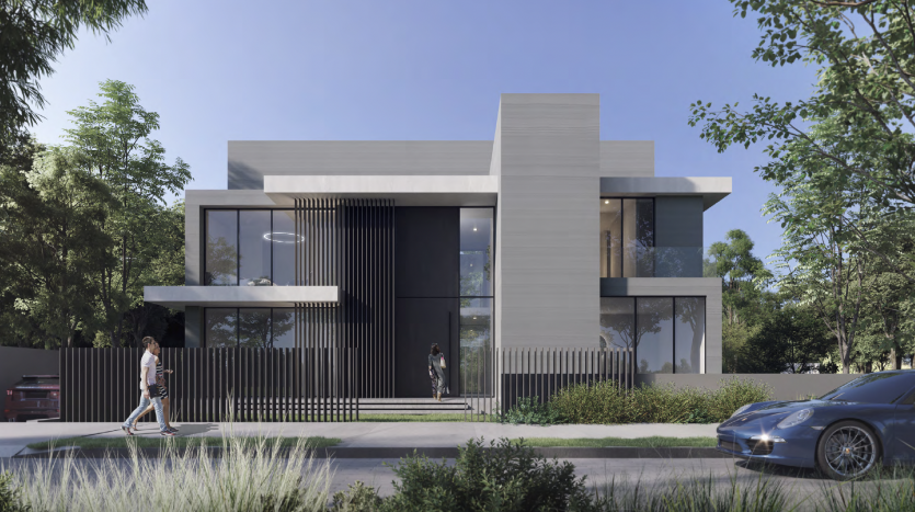 Une villa moderne de deux étages à Dubaï avec un toit plat et un design minimaliste, avec de grandes fenêtres et une façade verticale à lattes noires. Quelques personnes passent et il y a une voiture élégante