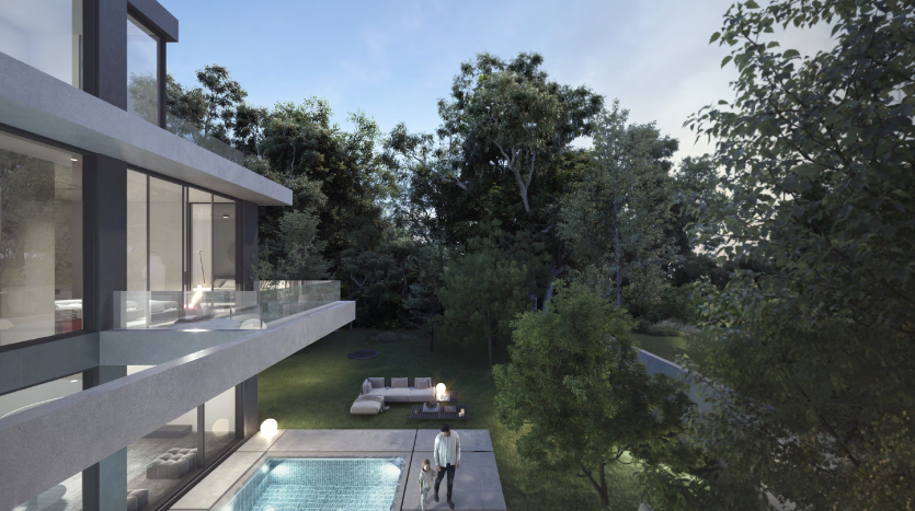 Maison moderne avec de grandes parois vitrées donnant sur une cour arrière avec piscine, coin salon et arbres luxuriants. Un couple se promène près de la piscine dans cette propriété de premier ordre de l&#039;immobilier de Dubaï.