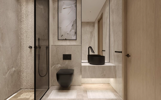 Une salle de bains moderne dotée d'une élégante douche noire, de toilettes murales et d'un lavabo en marbre. Il y a des murs beiges, une porte vitrée et une œuvre d'art abstraite sur le mur provenant d'une entreprise agricole.