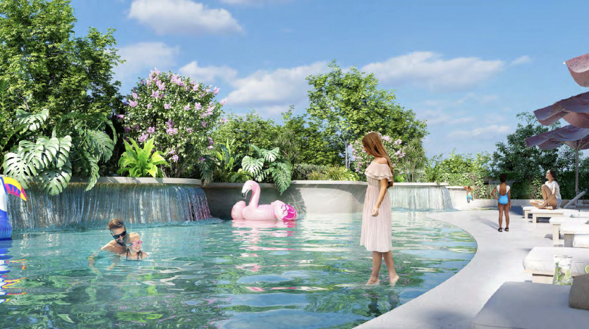 Une piscine sereine avec une femme en robe blanche et des personnes pratiquant des activités nautiques, idéale pour investir à Dubaï, entourée d&#039;une verdure luxuriante et de fleurs éclatantes sous un ciel bleu clair.