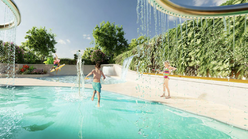 Des enfants jouent dans une piscine extérieure animée dans une luxueuse villa de Dubaï, entourée d&#039;une verdure luxuriante et de cascades en cascade, baignées de soleil.