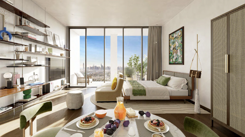 Chambre moderne et ensoleillée dans une villa de Dubaï avec des baies vitrées offrant une vue sur la ville, un design minimaliste, un lit confortable, des œuvres d&#039;art sur les murs et une table de petit-déjeuner avec de la nourriture