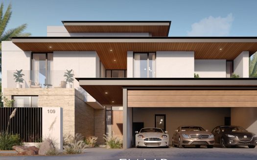 Maison moderne à deux étages à Dubaï avec de grandes fenêtres, un toit plat et un garage pour trois voitures. Une femme à vélo se trouve dans l’allée, entourée d’un paysage luxuriant.
