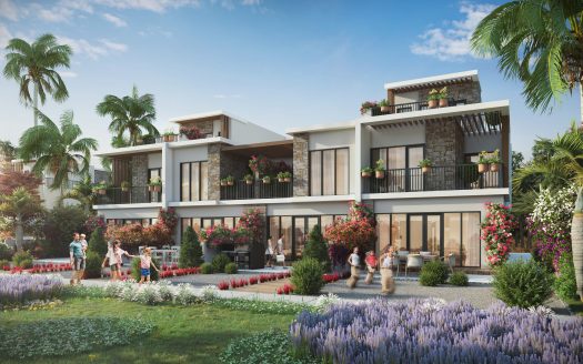 Un rendu numérique d'une villa moderne à deux étages à Dubaï avec des gens se promenant dans des jardins animés au premier plan. L'architecture présente un mélange de pierre, de bois et de grandes fenêtres en verre.