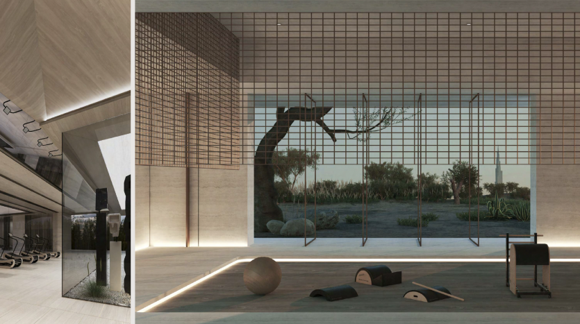 Une salle de sport moderne au design élégant comprend un espace ouvert rempli d&#039;équipements d&#039;exercice, un grand mur en miroir d&#039;un côté et une vaste fenêtre offrant une vue extérieure sereine sur la végétation indigène typique de la villa Dubaï.