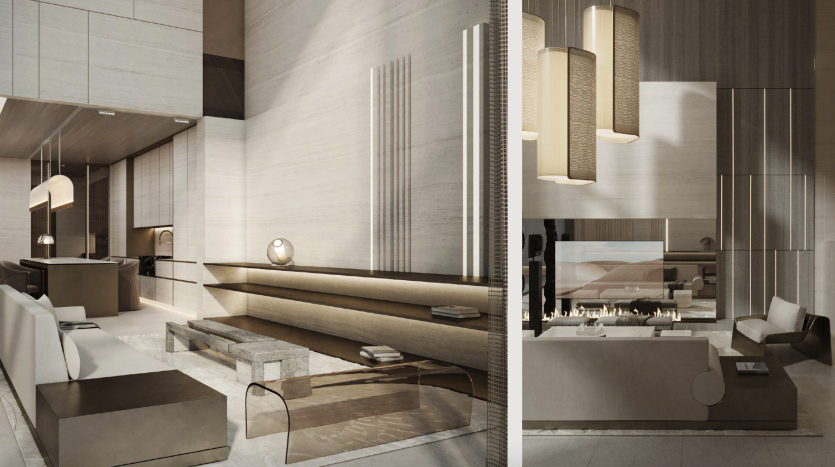 Villa moderne de luxe à Dubaï comprenant un salon et une salle à manger au design minimaliste élégant, des tons neutres, de grandes fenêtres et un mobilier contemporain, dont une cheminée.