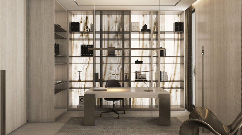 Un bureau élégant dans une pièce moderne comprenant un bureau en bois élégant, une chaise ergonomique et des étagères contre un mur en marbre texturé. L&#039;éclairage ambiant et les éléments de design contemporain créent un espace de travail sophistiqué à Dubaï.