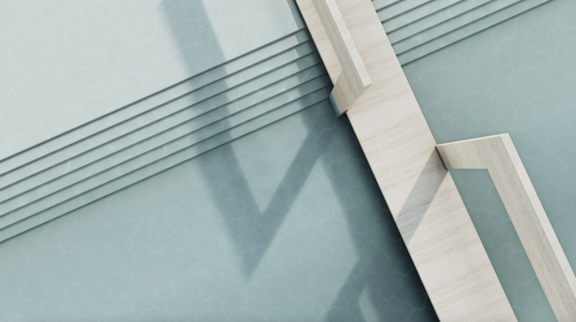 Dessin géométrique abstrait avec des formes rectangulaires argentées et en bois qui se chevauchent sur un fond bleu sarcelle texturé, symbolisant l&#039;architecture moderne du marché immobilier de Dubaï.
