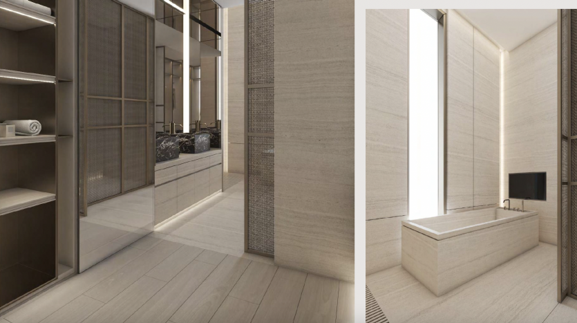 Une salle de bains moderne dans un appartement à Dubaï comprenant une baignoire intégrée adjacente à une grande fenêtre, avec un dressing présentant de nombreuses étagères pour les serviettes et les accessoires, le tout dans des tons beiges.