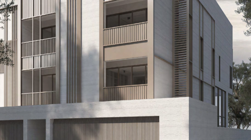 Villa moderne de trois étages à Dubaï avec un design minimaliste avec des lignes épurées, de grandes fenêtres et des lattes de bois verticales, sur fond d&#039;arbres.