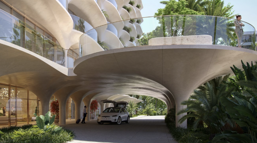 Structure architecturale moderne à Dubaï avec des formes de béton organiques et fluides créant des zones ombragées. Comprend des façades en verre, une verdure luxuriante, des piétons et une voiture garée sous l&#039;auvent.