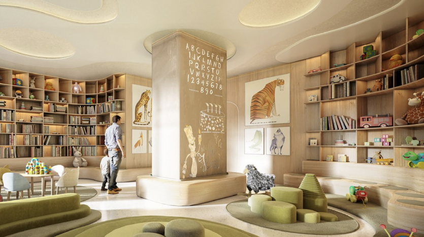 Une bibliothèque pour enfants spacieuse dans une villa à Dubaï avec des étagères murales, des affiches éducatives sur les animaux, des plafonniers ronds et un coin lecture confortable. Un homme et un enfant interagissent à proximité
