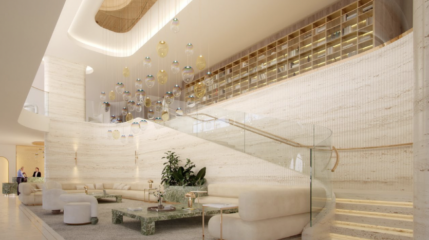 Le hall d&#039;entrée de l&#039;hôtel moderne présente d&#039;élégants murs en marbre blanc, un escalier en colimaçon avec une balustrade en verre, des lumières dorées et des décorations rondes en verre suspendues. Des canapés crème élégants et des tables basses vertes ajoutent au luxe. En plus
