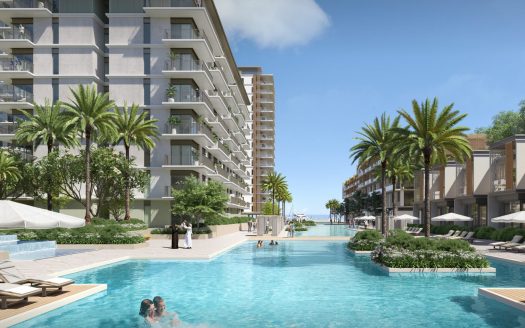 Un rendu artistique d'un immobilier résidentiel de luxe à Dubaï, comprenant plusieurs immeubles de grande hauteur, des palmiers et une grande piscine commune où les résidents se détendent et nagent.