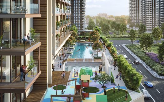 Une scène communautaire dynamique à Dubaï avec une piscine extérieure, une aire de jeux et des jardins luxuriants entourés d'immeubles de grande hauteur. Les gens profitent de diverses activités dans un cadre urbain ensoleillé.