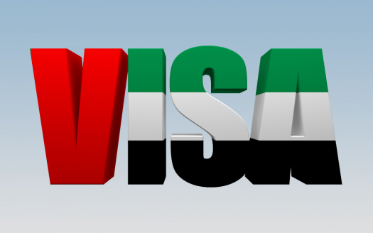 Rendu 3D du mot « visa » avec chaque lettre stylisée en rouge, vert, noir et blanc, affichée sur un fond bleu clair pour représenter les opportunités d'investissement à Dubaï.
