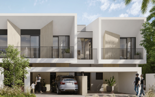 Bâtiments résidentiels modernes à Dubaï au design cubique, dotés de grandes fenêtres et de balcons. Les gens passent et interagissent à proximité de voitures garées et d’une verdure luxuriante.