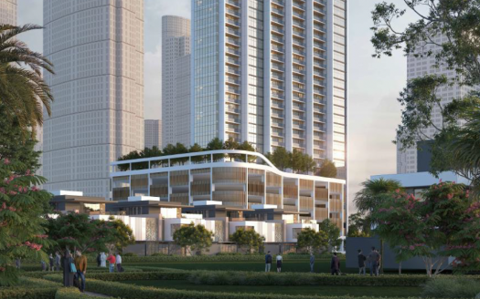 Rendu architectural d'une villa moderne à plusieurs étages à Dubaï, située dans un environnement de parc urbain, avec des gratte-ciel environnants, une verdure luxuriante et des gens marchant tranquillement.
