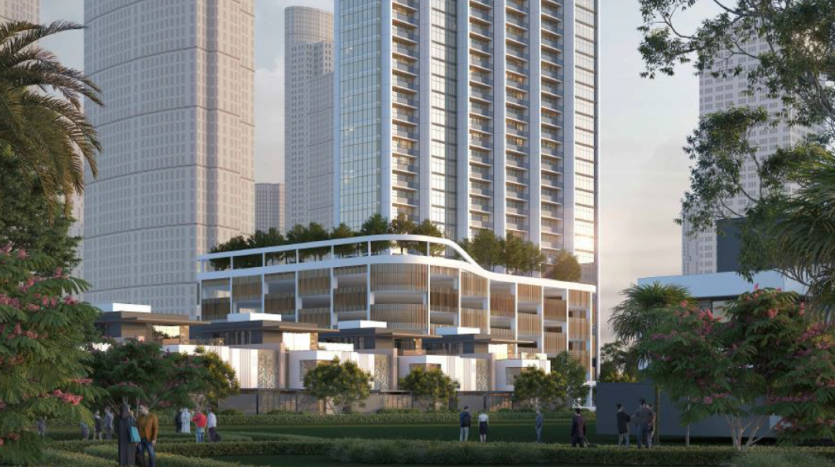 Rendu architectural d&#039;une villa moderne à plusieurs étages à Dubaï, située dans un environnement de parc urbain, avec des gratte-ciel environnants, une verdure luxuriante et des gens marchant tranquillement.