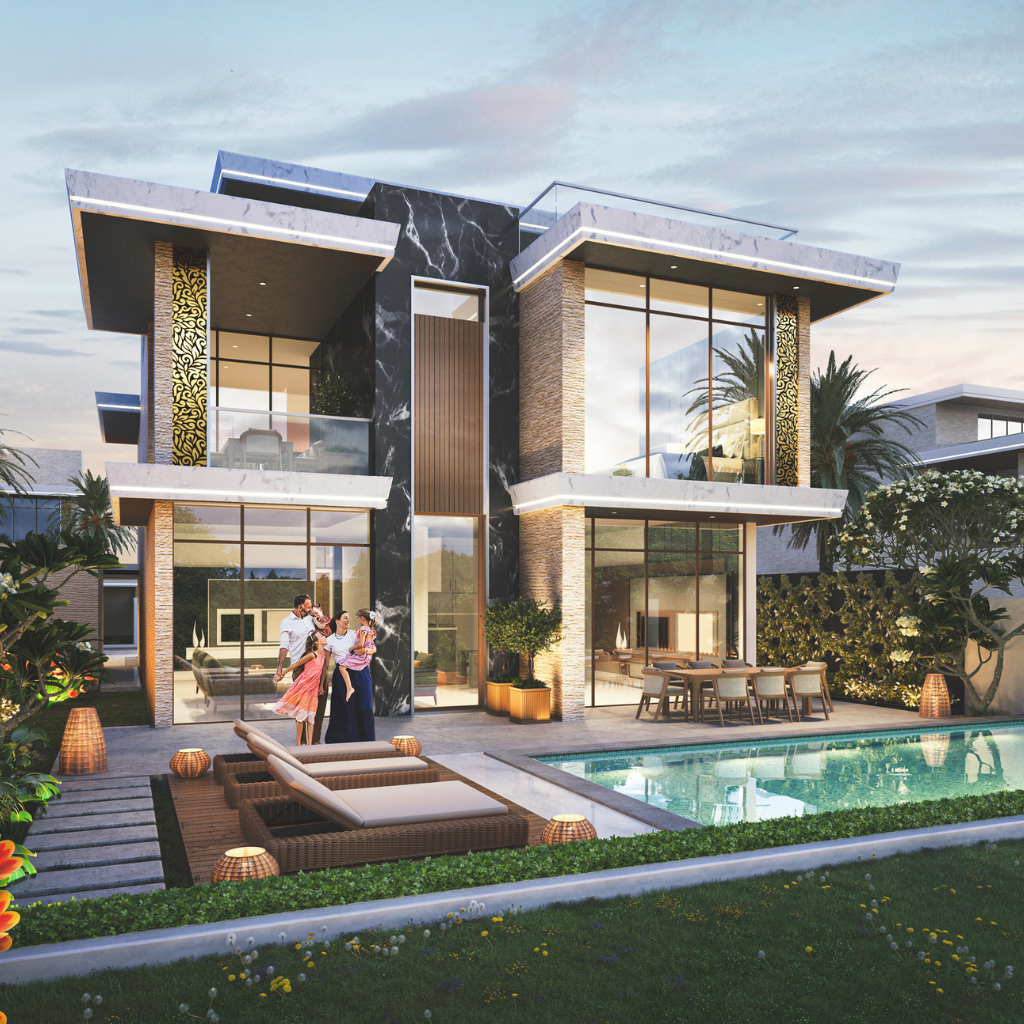 Une maison moderne à deux étages avec de grandes fenêtres, une piscine extérieure et une famille de quatre personnes jouant dans la cour au coucher du soleil, proposée par une agence immobilière de premier plan à Dubaï.