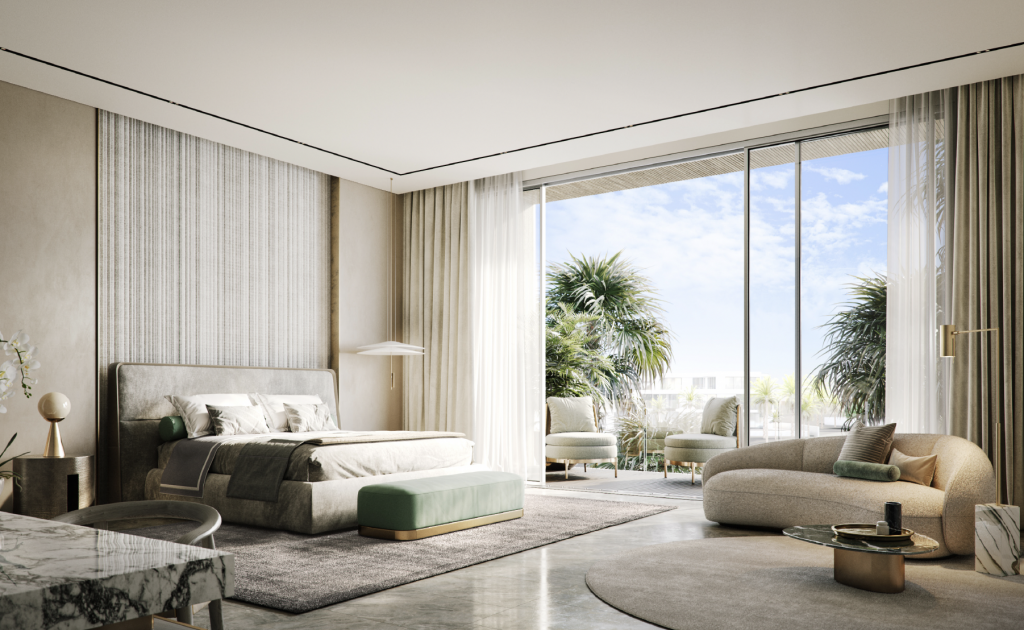 Une chambre luxueuse dans une villa de Dubaï avec un grand lit, des meubles contemporains, des rideaux et un balcon ensoleillé avec vue sur une verdure luxuriante. Les tons neutres et la lumière naturelle créent une atmosphère sereine.