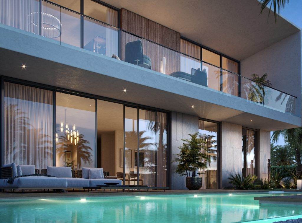 Façade de villa de luxe moderne au crépuscule à Dubaï, avec murs en verre, intérieur éclairé, piscine avec reflets et palmiers renforçant l'ambiance tranquille.