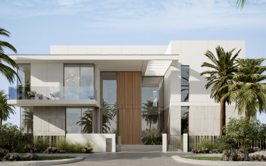 Villa moderne de deux étages à Dubaï avec un toit plat, de grandes fenêtres et une porte en bois proéminente, entourée de grands palmiers et de jardins paysagers sous un ciel dégagé.