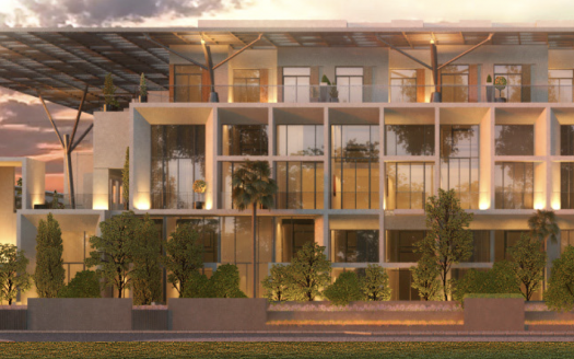 Immeuble d&#039;appartements moderne à Dubaï au coucher du soleil avec balcons en verre, entouré de jardins paysagers et d&#039;arbres. La douce lumière du soleil met en valeur le design élégant et contemporain du bâtiment.
