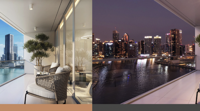 Vues panoramiques depuis un balcon d&#039;un gratte-ciel à Dubaï montrant deux scènes : un paysage urbain de jour avec une rivière et des ponts sur la gauche ; vue nocturne des bâtiments de la ville illuminés et de la rivière sur la droite. Confortable