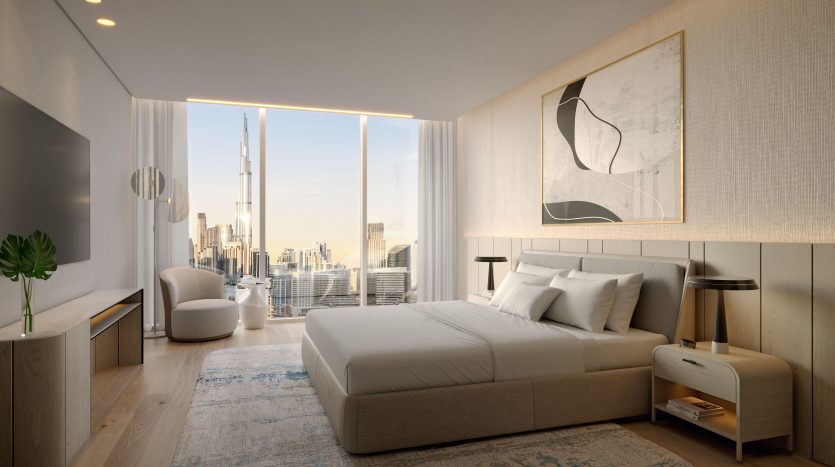 Une chambre moderne dans une villa à Dubaï comprenant un grand lit avec des draps blancs, des meubles minimalistes et une grande fenêtre montrant les toits de la ville. La pièce bénéficie d&#039;un éclairage doux et d&#039;une palette de couleurs apaisantes.